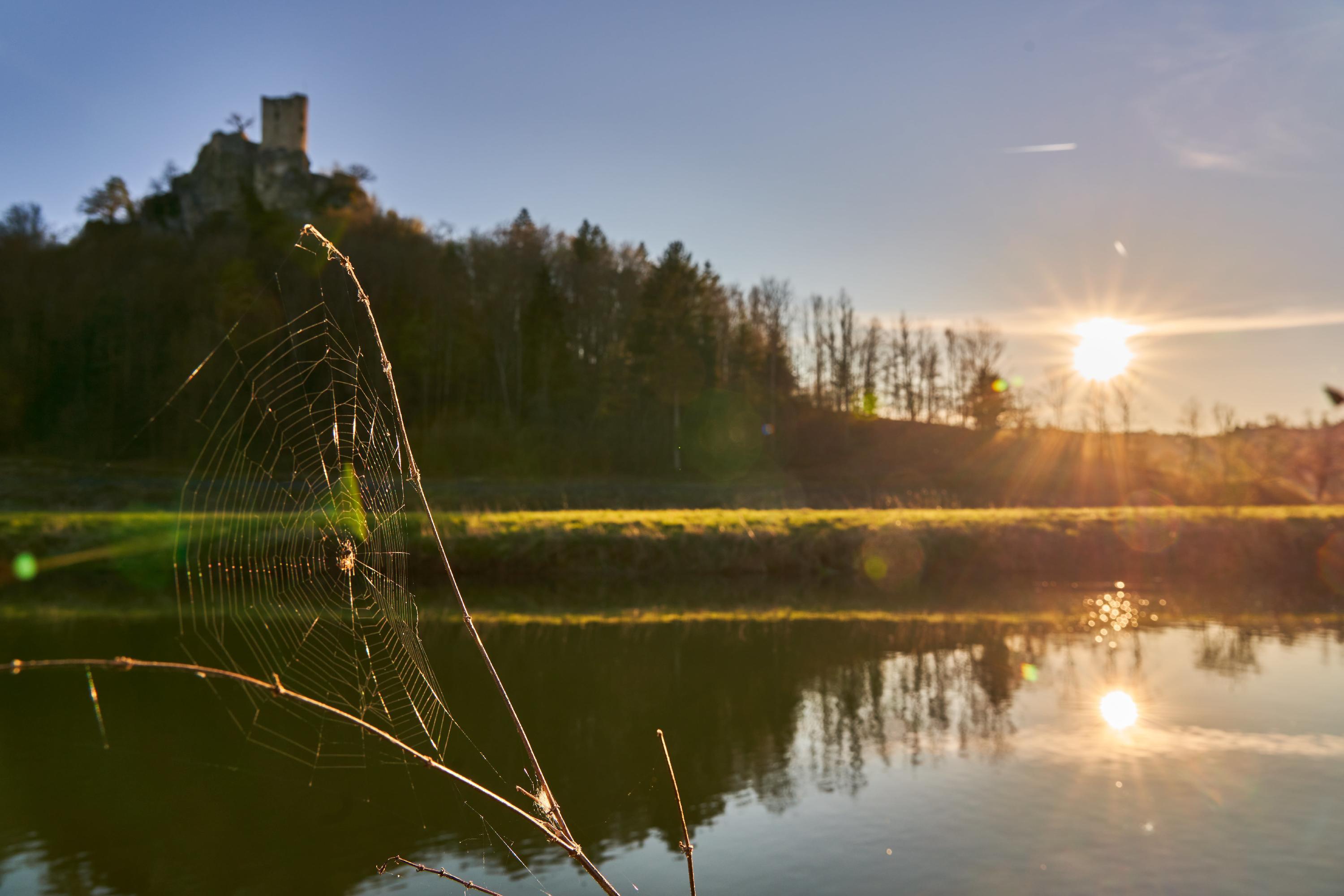 Sonnenuntergang mit Fluss und Spinne. Im Hintergrund thront die Burgruine Neideck.
