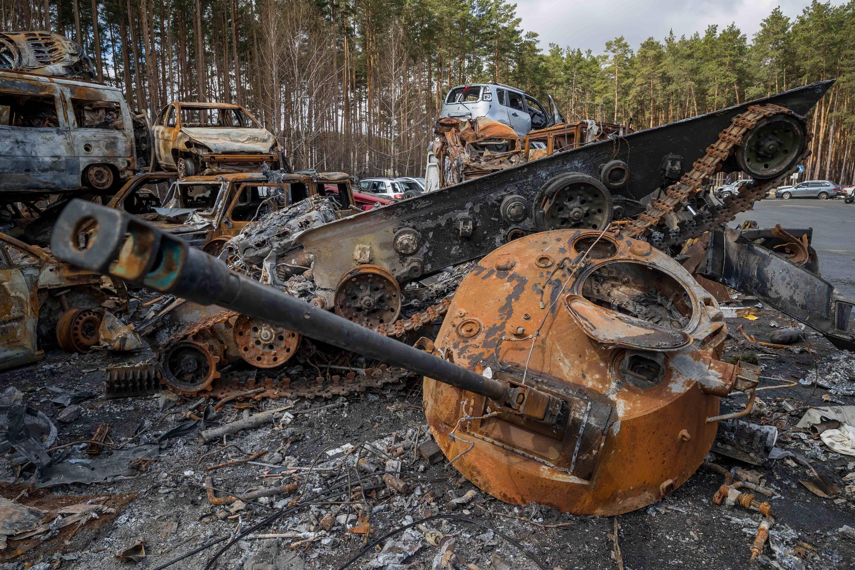 View of damaged vehicles during Orthodox Christians Palm Sunday in Irpin, Kiev region, Ukraine, 17 April 2022. Situation