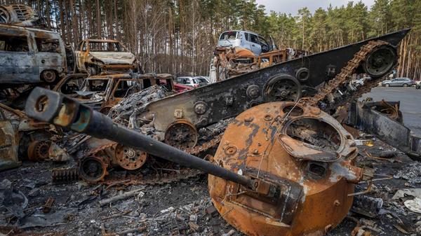 View of damaged vehicles during Orthodox Christians Palm Sunday in Irpin, Kiev region, Ukraine, 17 April 2022. Situation