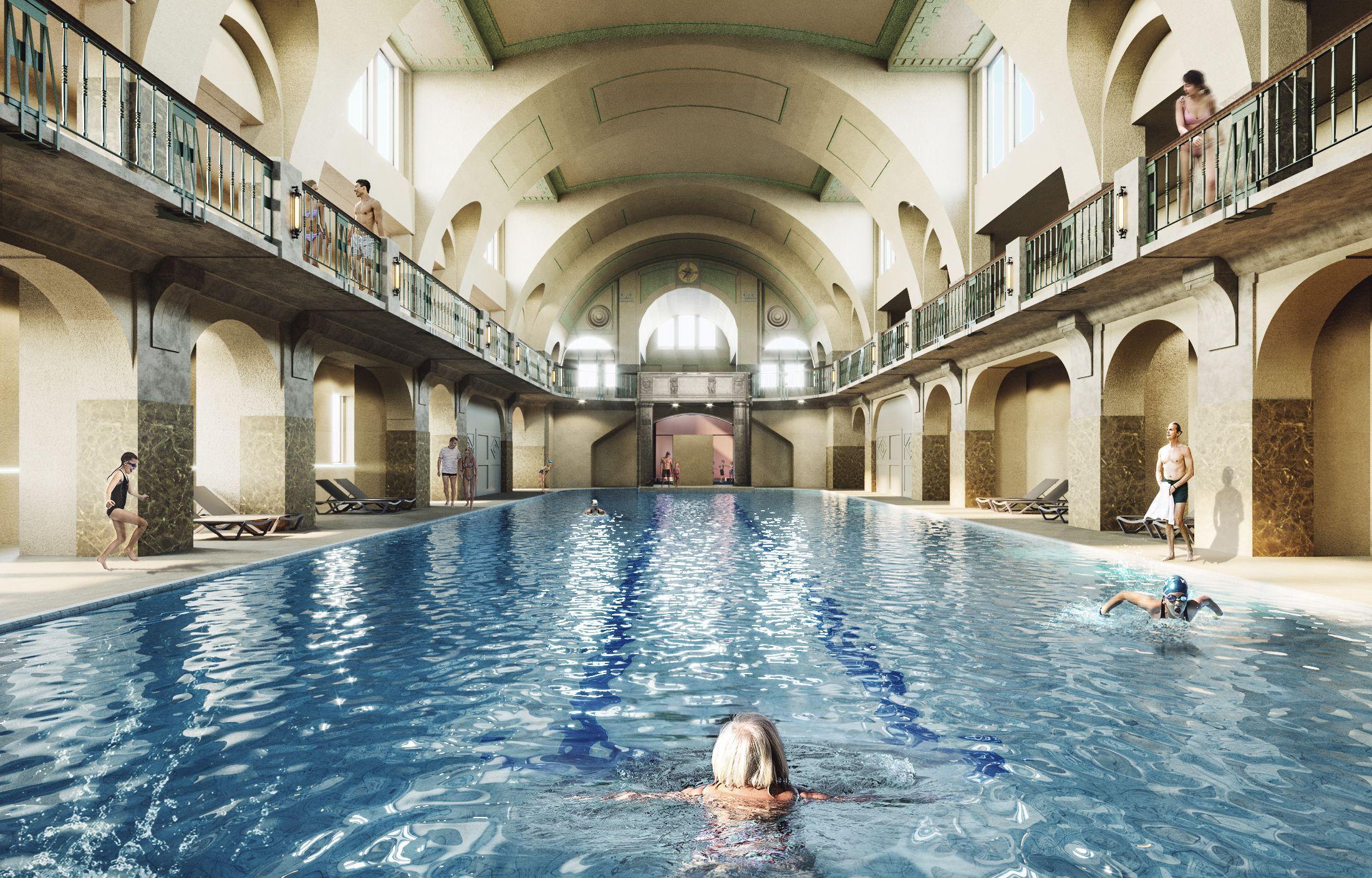 So soll das Volksbad Nürnberg später aussehen. Es soll es drei Schwimmhallen geben, mit Sauna und Wellnessbereich.