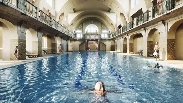 So soll das Volksbad Nürnberg später aussehen. Es soll es drei Schwimmhallen geben, mit Sauna und Wellnessbereich.