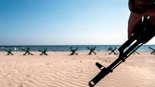 A soldier stands guard at a beach in Odessa, Ukraine, 26 March 2022. Russian troops entered Ukraine on 24 February resu