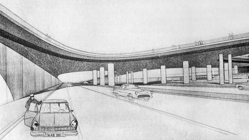 Diese Präsentationszeichnung von 1960 zeigt die architektonische Qualität der Jansenbrücke. Der Blick auf das Verkehrsaufkommen war indes etwas naiv.  