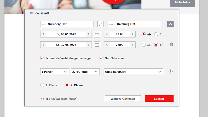 Aktivieren Sie den Haken bei "Nur Nahverkehr", um herauszufinden, welche Strecken mit dem 9-Euro-Ticket möglich sind.