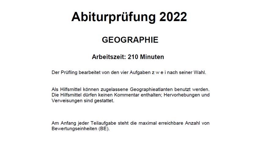Abiturprüfung Geographie 2022