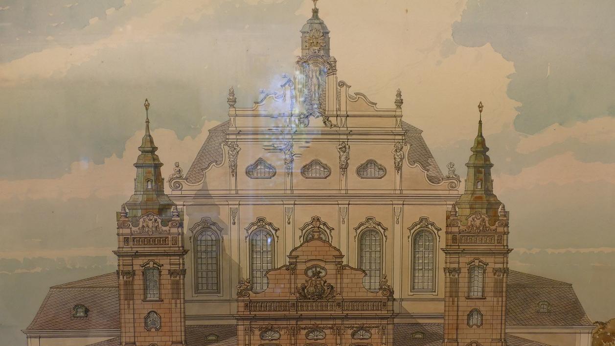 Im Jahr 1903 entwarf Architekt Louis Fiedler ein Kurhaus. Die Tuschezeichnung ist mit Aquarell koloriert. Im Jahr 1903 entwarf Architekt Louis Fiedler ein Kurhaus. Die Tuschezeichnung ist mit Aquarell koloriert.