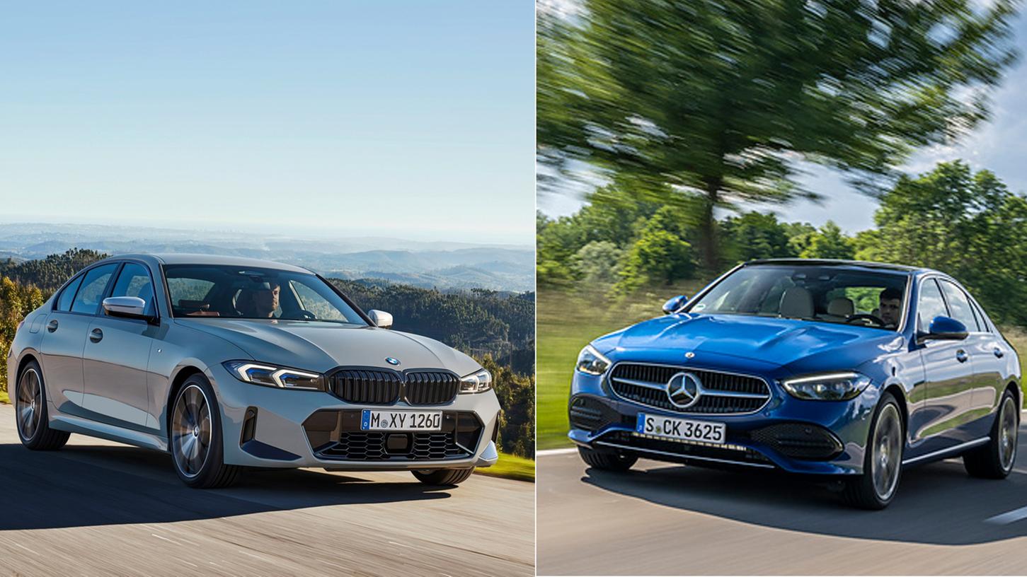 Premium-Duell: 3er BMW (links) und Mercedes C-Klasse. Premium-Duell: 3er BMW (links) und Mercedes C-Klasse.