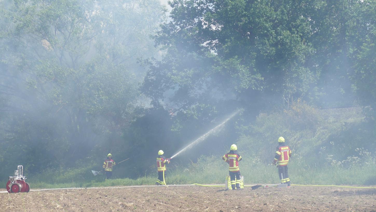 Bahndammbrand nahe des Viadukts bei Pleinfeld: Vermutlich durch eine heiß gelaufene Bremse wurde durch den Funkenflug das trockene Buschwerk entlang des Bahndamms entzündet, das die Feuerwehren aus der Region zu löschen versuchten.
Bahndammbrand nahe des Viadukts bei Pleinfeld: Vermutlich durch eine heiß gelaufene Bremse wurde durch den Funkenflug das trockene Buschwerk entlang des Bahndamms entzündet, das die Feuerwehren aus der Region zu löschen versuchten.