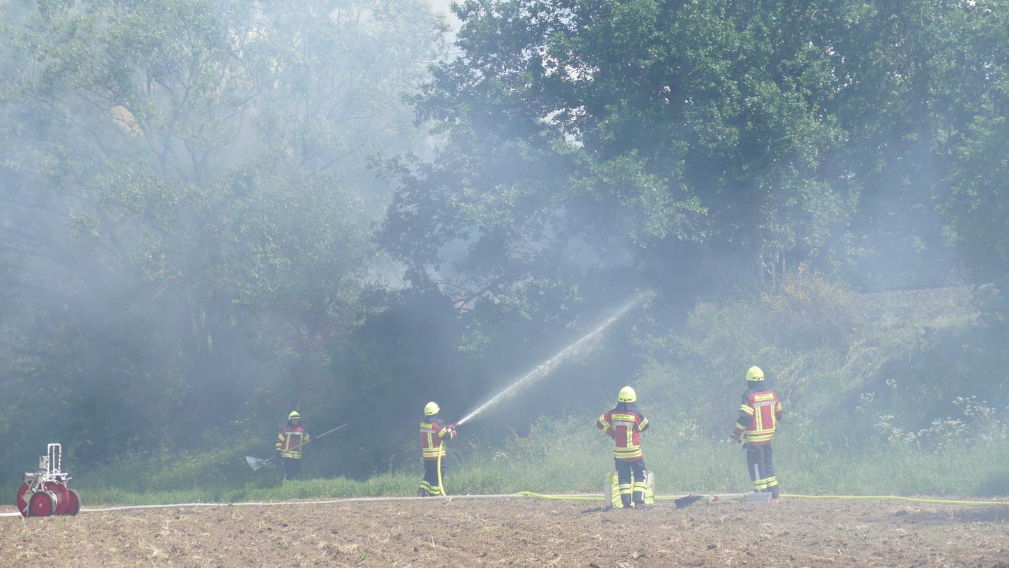 Bahndammbrand nahe des Viadukts bei Pleinfeld: Vermutlich durch eine heiß gelaufene Bremse wurde durch den Funkenflug das trockene Buschwerk entlang des Bahndamms entzündet, das die Feuerwehren aus der Region zu löschen versuchten.  