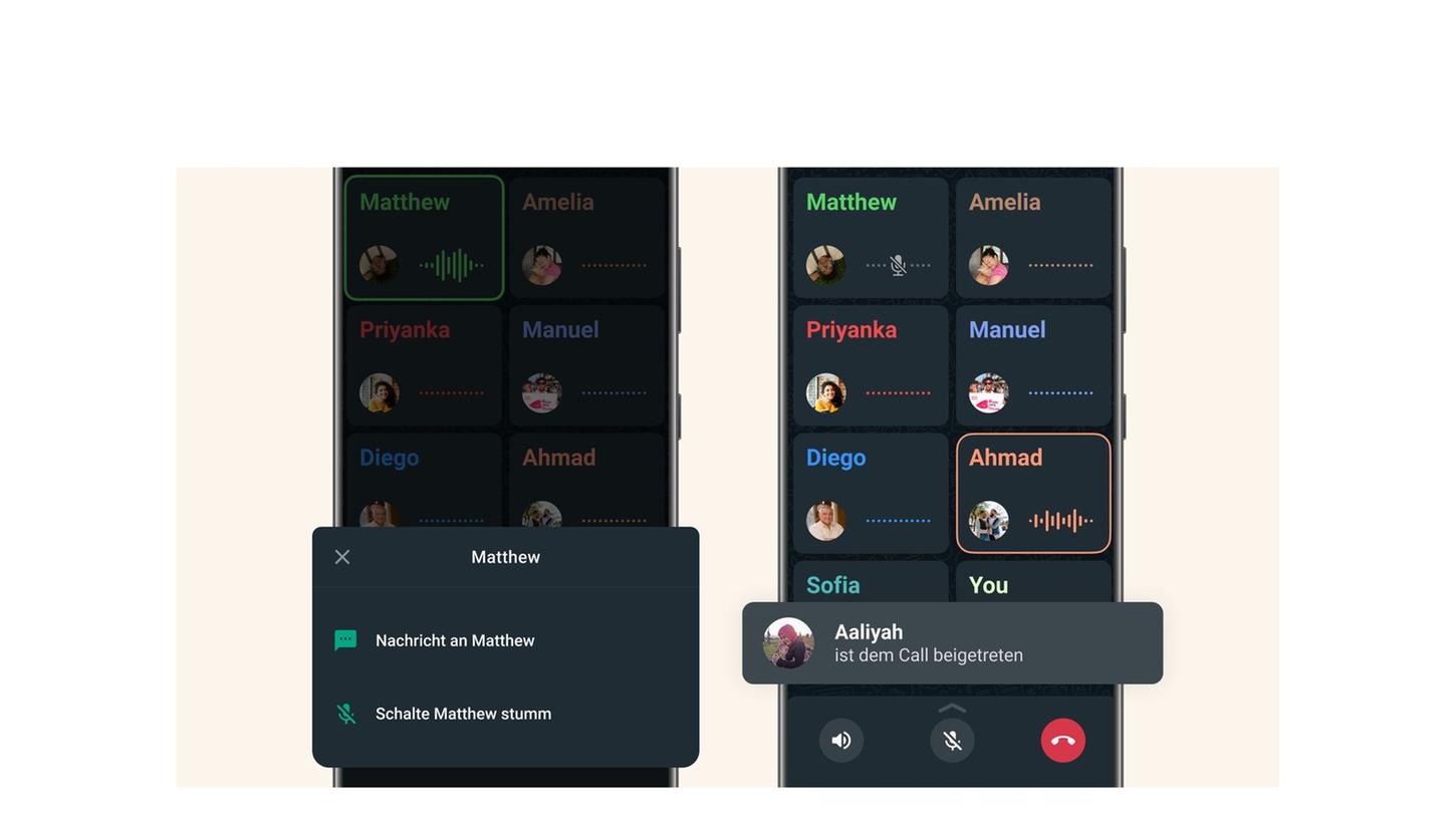Teilnehmerinnen während der Unterhaltung gezielt stummschalten oder anschreiben (links) und Benachrichtigungen über Beitritte zum Chat erhalten (rechts). Das sind die drei neuen Whatsapp-Features für Gruppen-Sprachanrufe. Teilnehmerinnen während der Unterhaltung gezielt stummschalten oder anschreiben (links) und Benachrichtigungen über Beitritte zum Chat erhalten (rechts). Das sind die drei neuen Whatsapp-Features für Gruppen-Sprachanrufe.