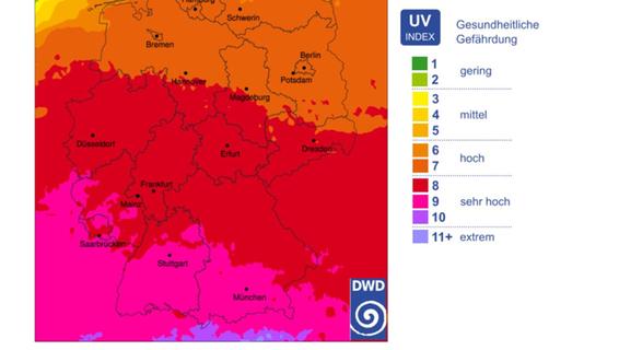 Der UV-Index liegt in Bayern am Samstag mit den Werten 8 und 9 im sehr hohen Bereich.