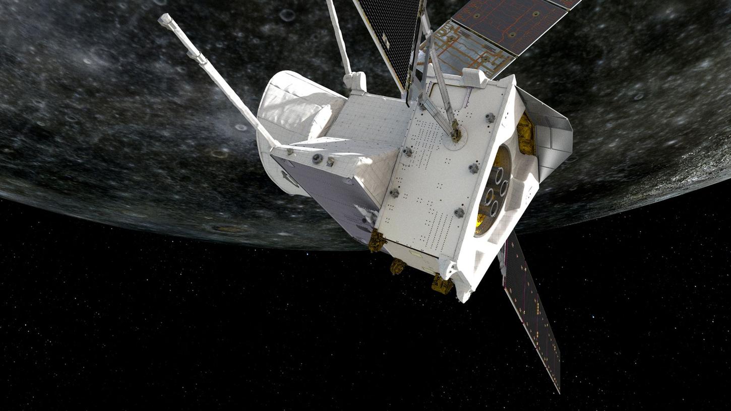 Künstlerische Darstellung des Vorbeiflugs von "BepiColombo" am Merkur am 1. Oktober 2021. Künstlerische Darstellung des Vorbeiflugs von "BepiColombo" am Merkur am 1. Oktober 2021.