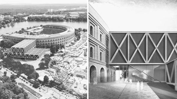 "Etwas, das das Denkmal stört, ohne es zu zerstören" - dass wollen die Architekten und Architektinnen von bez + kock architekten Generalplaner GmbH aus Stuttgart mit dem Interimsopernhaus schaffen. Statt die Bühne, den Publikumsbereich und den Orchestergraben hinter den Mauern der "Naziarchitektur" zu verstecken, soll die neue Spielstätte sichtbar werden - und zwar südlich der Bayernstraße vor die Schauseite der Kongresshalle. Das neue Gebäude soll an den alten Bau angekoppelt werden, sodass dieser auch als Haupteingang, Vorhalle und anderes genutzt werden kann. Damit wird die Trennung der Funktionen, Saal und Bühne, wie sie vorgegeben ist, erfüllt, das Interimsopernhaus für die Öffentlichkeit sichtbar und präsent.