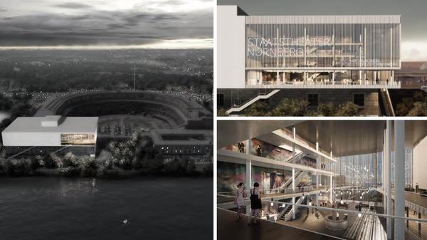 Einen ganz anderen Ansatz hat die Glöckner Architekten GmbH aus Nürnberg: Das neue Gebäude soll weder innerhalb noch außerhalb der Kongresshalle Platz finden, sondern darauf - beziehungsweise genauer gesagt: auf dem Dach des südlichen Nebengebäudes. Das würde bewirken, dass die die Dimensionen des Größenwahns aus dieser Distanz erfahr- und erfassbar wären und gleichzeitig die von den Nazis kreierte Idylle am Duzendteich gebrochen wird. Das Interimsopernhaus soll sich mit einer Terrasse zur Stadt hin öffnen und damit dem Nazigebäude den Rücken kehren.