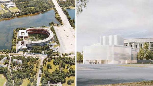 Weil dem historischen Bestandteil der Kongresshalle bei einer Verortung des neuen Gebäudes im Innenhof die Hauptrolle zukommen würde, wollen die Architektinnen und Architekten von LRO GmbH & Co. KG aus Stuttgart das Interimsopernhaus an der Außenseite platzieren. Das semitransparente Gebilde soll seitlich Richtung Straße an das Alte Gebäude angeschlossen werden, der Innenhof soll in diesem Konzept nicht genutzt werden. Der Eingang zum Saal befindet sich dementsprechend auch an dem neuen Gebäude, die Kongresshalle wird damit nur wenig genutzt.