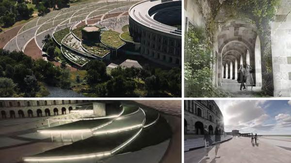 Der Entwurf von Snøhetta AS (Oslo, New York, Innsbruck, San Francisco, Paris, Hong Kong, Adelaide) lokalisiert das Interimsopernhaus an einer ganz anderen Stelle. Da der Innenhof leer bleiben sollte, soll sich das neue Konstrukt außerdem des Gebäudebogens befinden, aber nicht zur Bayernstraße orientiert, sondern Richtung Duzendteich schauend. Damit soll es das Stadtleben in den Park ziehen und das Leben dort aktivieren und kollidiert so nicht mit dem Volksfestplatz. Die verschiedenen flachen Dächer des neuen Gebäudes sollen bepflanzt werden und damit der Natur gewähren, Teil des Interimsopernhauses und der Kongresshalle zu werden. Auf einem Teil des Gebäudebogens soll außerdem eine für das Publikum zugängliche Terrasse entstehen.