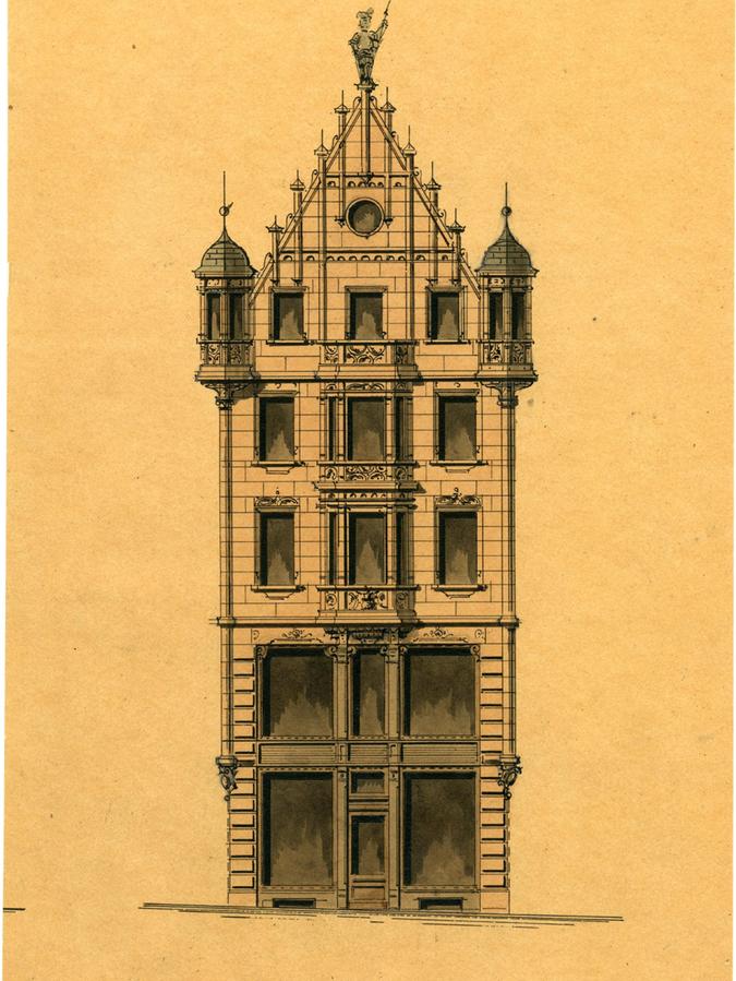 Der erste, nicht ausgeführte Entwurf für den Neubau von Ochsenmayer & Wißmüller sah 1891 noch eine anderen etwas einfacheren Giebel mit einer bekrönenden Figur vor. 