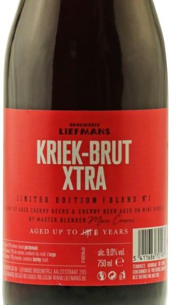 Liefmans (Belgien), "Kriek-Brut Xtra" -  Flaschenpreis: 9,95€ - Dieses Kriek-Brut Xtra ist eine limitierte Mischung aus Liefmans Kirschbiere verschiedener Jahrgänge - von 2016 bis 2019 - mit einem blonden Bier, das zwei Jahre in Bourbonfässern gereift ist, sowie mit 2015er Kriek-Bier, das 4 Jahre gereift ist.
