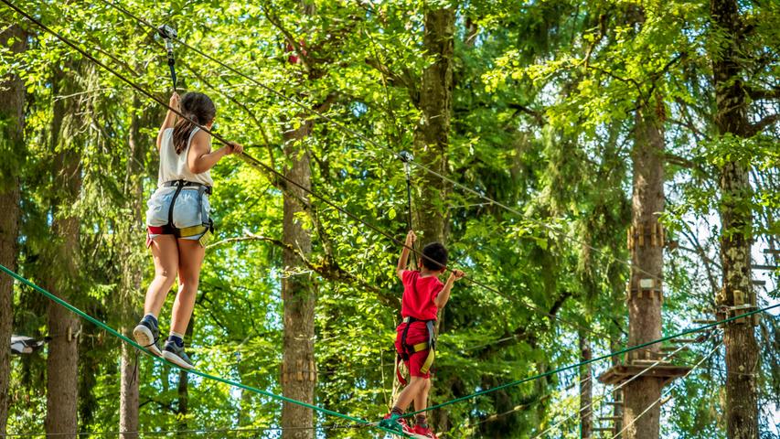 In die Lüfte kann man sich in gleich mehreren Hochseilgärten in der Region schwingen. Für Groß und Klein ist hier was dabei. In den meisten Parks beginnen die ersten Parcours für Kinder ab 3 oder 4 Jahren, gehen aber auch in Höhen von bis zu 14 Metern. Die Preise variieren je nach Klettergarten zwischen 14 und 18 Euro für Kinder und zwischen 20 und 25 Euro für Erwachsene. Für ganz kleine Kinder, die nur wenige Parcours machen können, gibt es manchmal Sonderpreise. In der Region kann man beispielsweise im Freizeitpark Betzenstein, im Kletterwald Weiherhof, im Waldseilpark Rummelsberger oder im Abenteuerwald Enderndorf - hier kann man für einen Aufpreis an einer Zipline sogar über den Brombachsee fahren - die Baumkronen erkunden. In die Lüfte kann man sich in gleich mehreren Hochseilgärten in der Region schwingen. Für Groß und Klein ist hier was dabei. In den meisten Parks beginnen die ersten Parcours für Kinder ab 3 oder 4 Jahren, gehen aber auch in Höhen von bis zu 14 Metern. Die Preise variieren je nach Klettergarten zwischen 14 und 18 Euro für Kinder und zwischen 20 und 25 Euro für Erwachsene. Für ganz kleine Kinder, die nur wenige Parcours machen können, gibt es manchmal Sonderpreise. In der Region kann man beispielsweise im Freizeitpark Betzenstein, im Kletterwald Weiherhof, im Waldseilpark Rummelsberger oder im Abenteuerwald Enderndorf - hier kann man für einen Aufpreis an einer Zipline sogar über den Brombachsee fahren - die Baumkronen erkunden.
