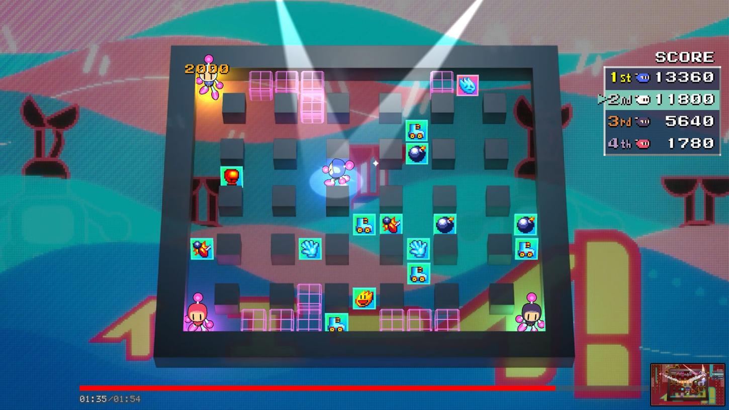 Kleiner Bomber im Spotlight: So wird in "Amazing Bomberman" klar, welcher Spieler gerade vorne liegt.