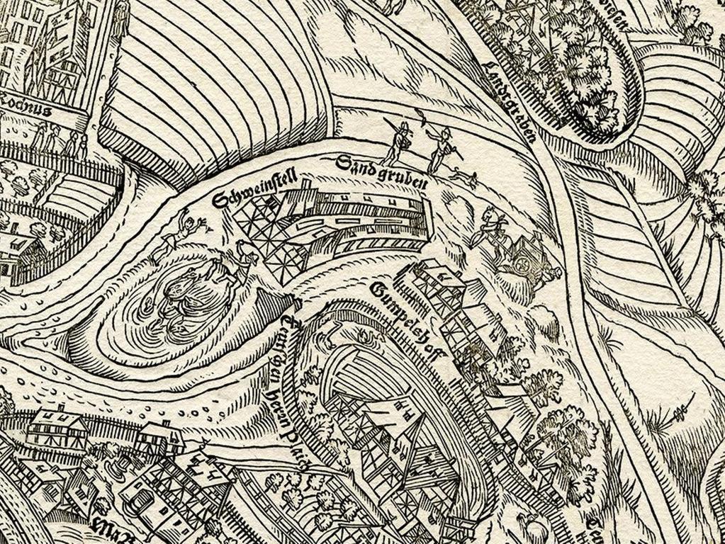 Zwischen 1577 und 1581 entstand diese erste bekannte Darstellung der Ställe auf dem Kieselberg. Sie ist Teil des so genannten "Rundprospekts auf die Nürnberger Landwehr".