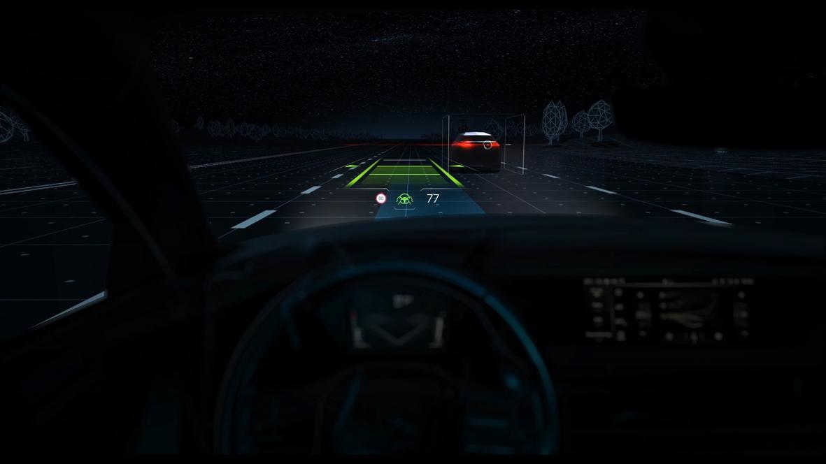 So sieht die Bildgebung des Extended Head-up-Displays bei aktiviertem "Drive Assist" aus.