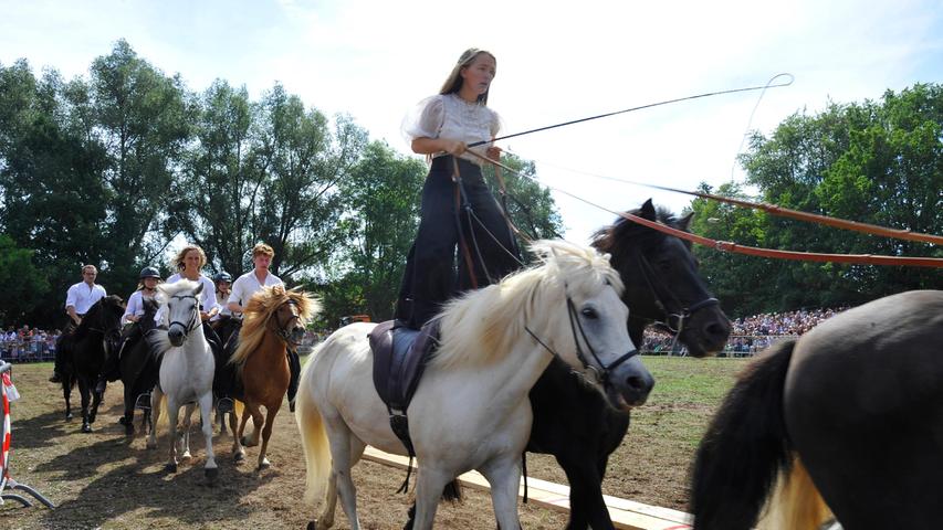 Eine der Reiterinnen vom Rossberghof aus Leutenbach bei Deining zeigte sogar die sonst nur von Zirkusvorführungen bekannte Nummer „Ungarische Post“, auf zwei Pferderücken stehend und vier Pferde lenkend.