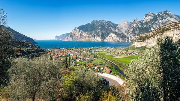 Nago Torbole, Lake Garda, Italy - 13 August 2022: Panoramic view of the town Nago-Torbole on the northern shore of Lake