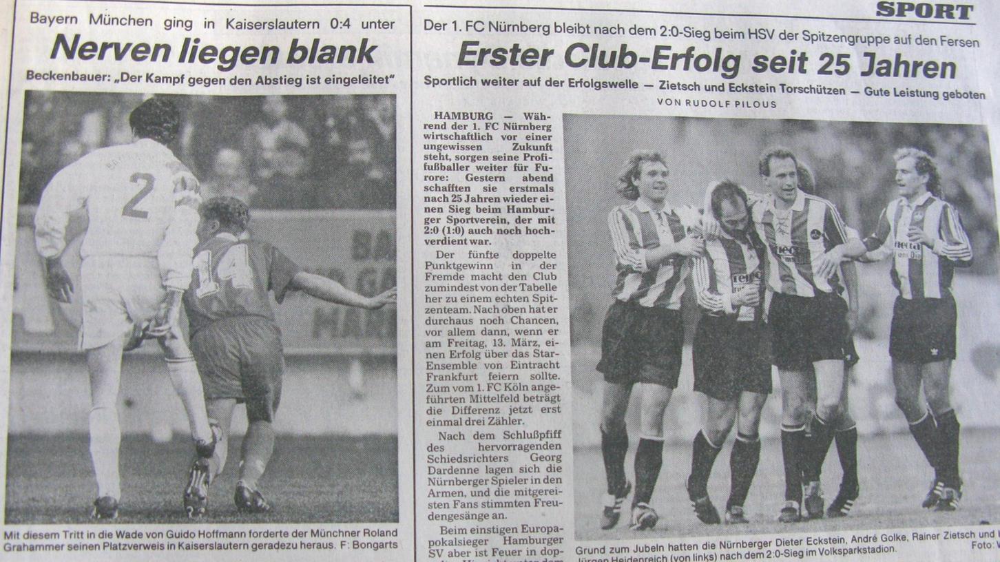 So stand's am 9. März 1992 in den Nürnberger Nachrichten: Die Bayern bekamen Backenfett auf dem Betzenberg und verharrten in ungewohnten Tabellenregionen. Der Club hielt durch einen 2:0-Erfolg in Hamburg indes Anschluss an die Spitzengruppe.