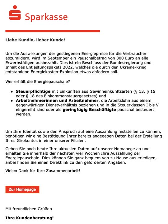 Die Verbraucherzentrale warnt auf ihrer Website unter anderem vor derartigen Phishing-Mails. Die Verbraucherzentrale warnt auf ihrer Website unter anderem vor derartigen Phishing-Mails.