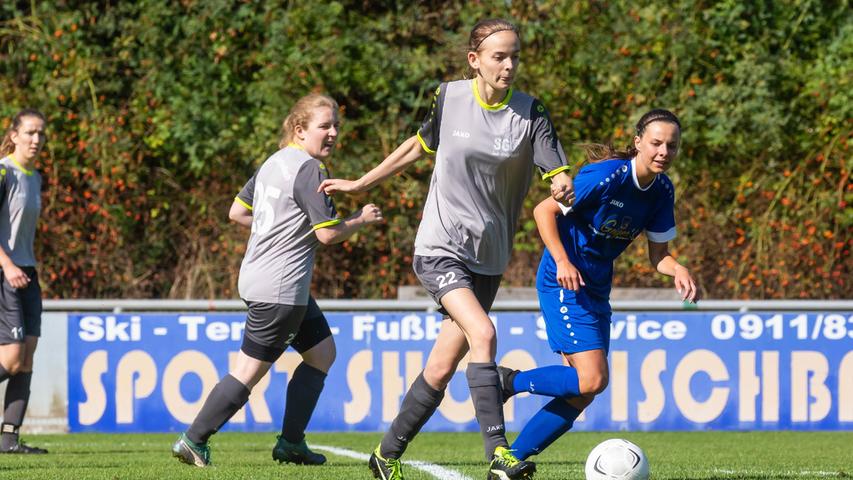 Veronika Riedl (Nummer 22) bringt den Ball nach vorne - beobachtet von Teamkollegin Franziska Wedel und Ann-Cathrin Pröll vom STV Deutenbach.