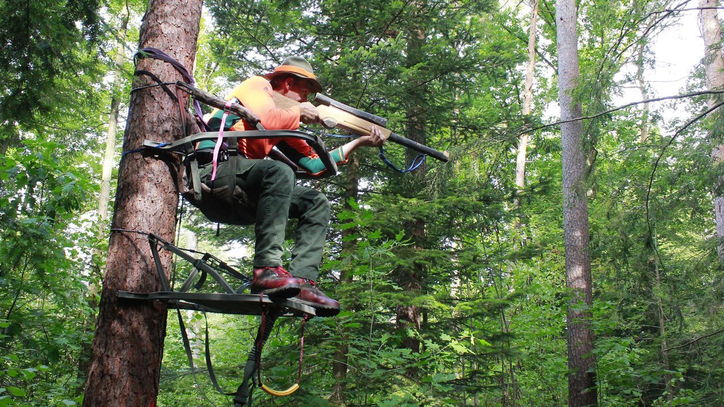 In sechs Metern Höhe haben Jäger viel mehr Übersicht und Ruhe beim Schießen. Hier demonstriert Forstwirtschaftsmeister Michael Fuchs von den Bayerischen Staatsforsten den Einsatz der immer häufiger werdenden Klettersitze.
