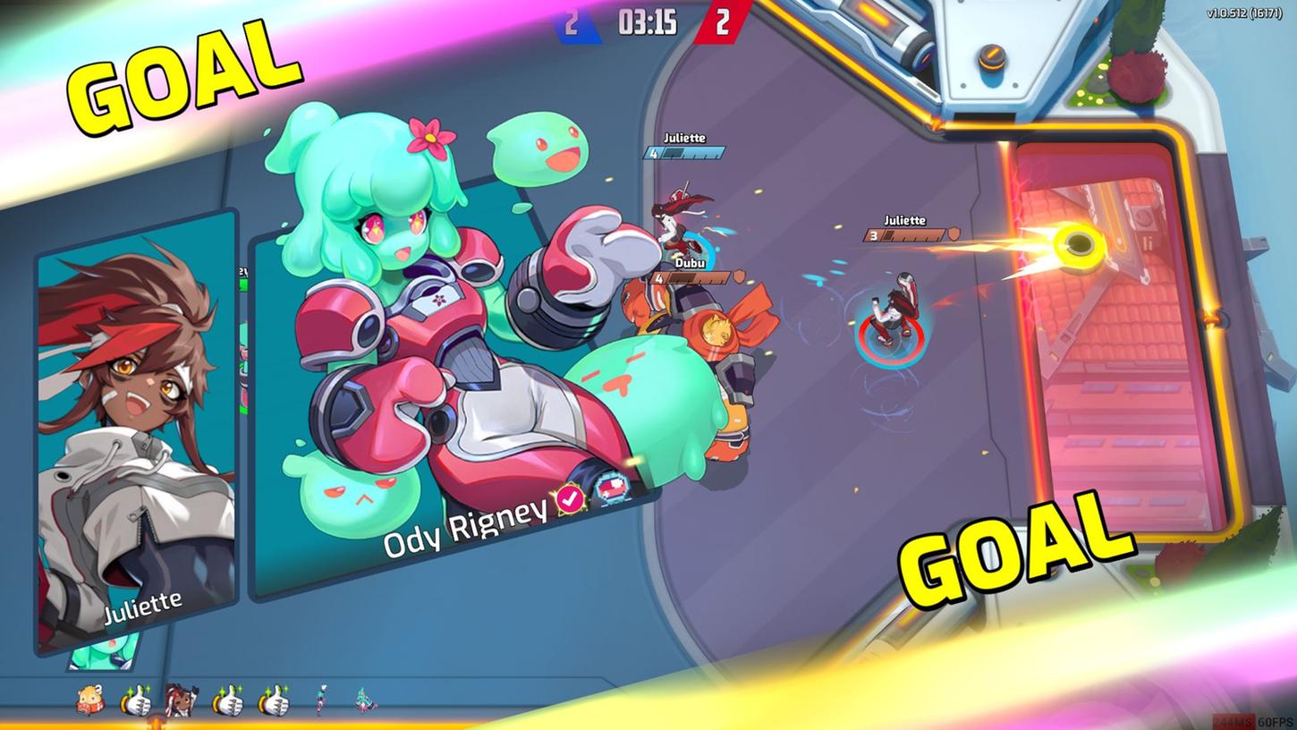 Tor! In "Omega Strikers" treten zwei Dreier-Teams gegeneinander an. Tor! In "Omega Strikers" treten zwei Dreier-Teams gegeneinander an.