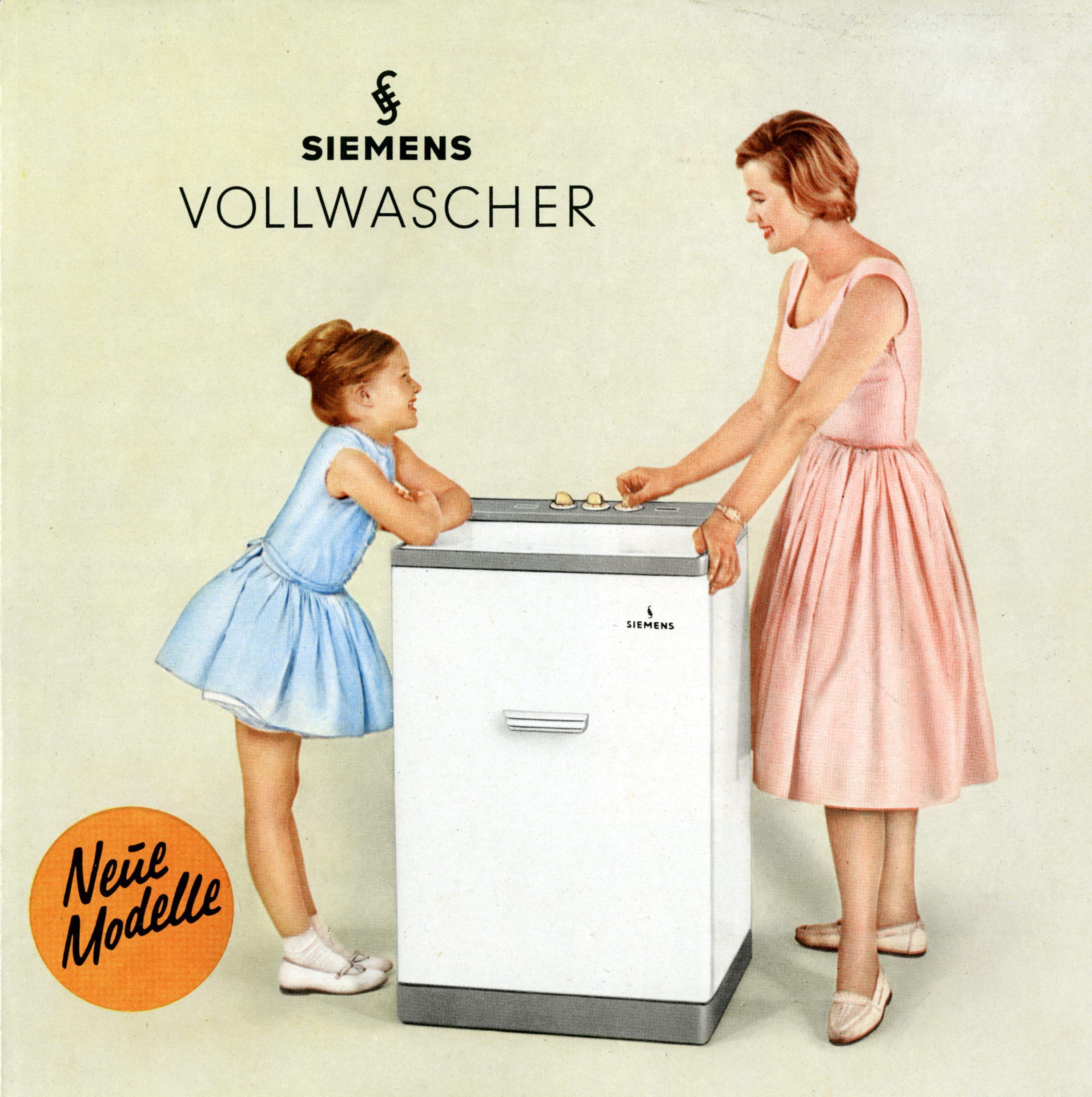 Der Konzern erweitert nach und nach seine Produktpalette: 1957 beschließt Siemens, sämtliche Aktivitäten auf den Geschäftsfeldern Unterhaltungselektronik und Hausgeräte zu bündeln. Es kommt zur Neugründung der Siemens-Electrogeräte AG. Die produziert unter anderem Waschmaschinen, das Werbeplakat stammt aus dem Jahr 1959.