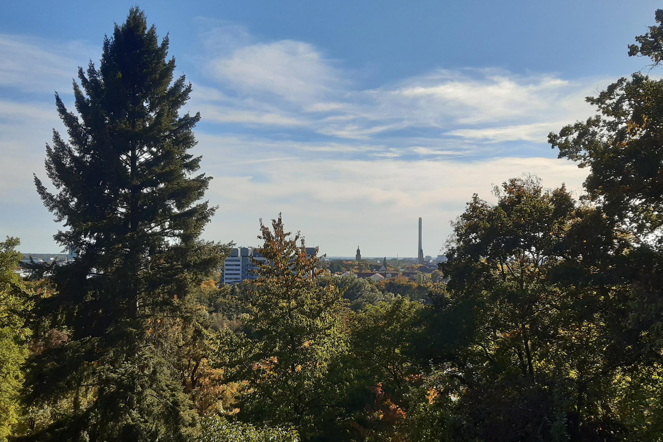 Blick vom Heinrich-Kirchner-Skulpturengarten über die Erlanger Innenstadt.