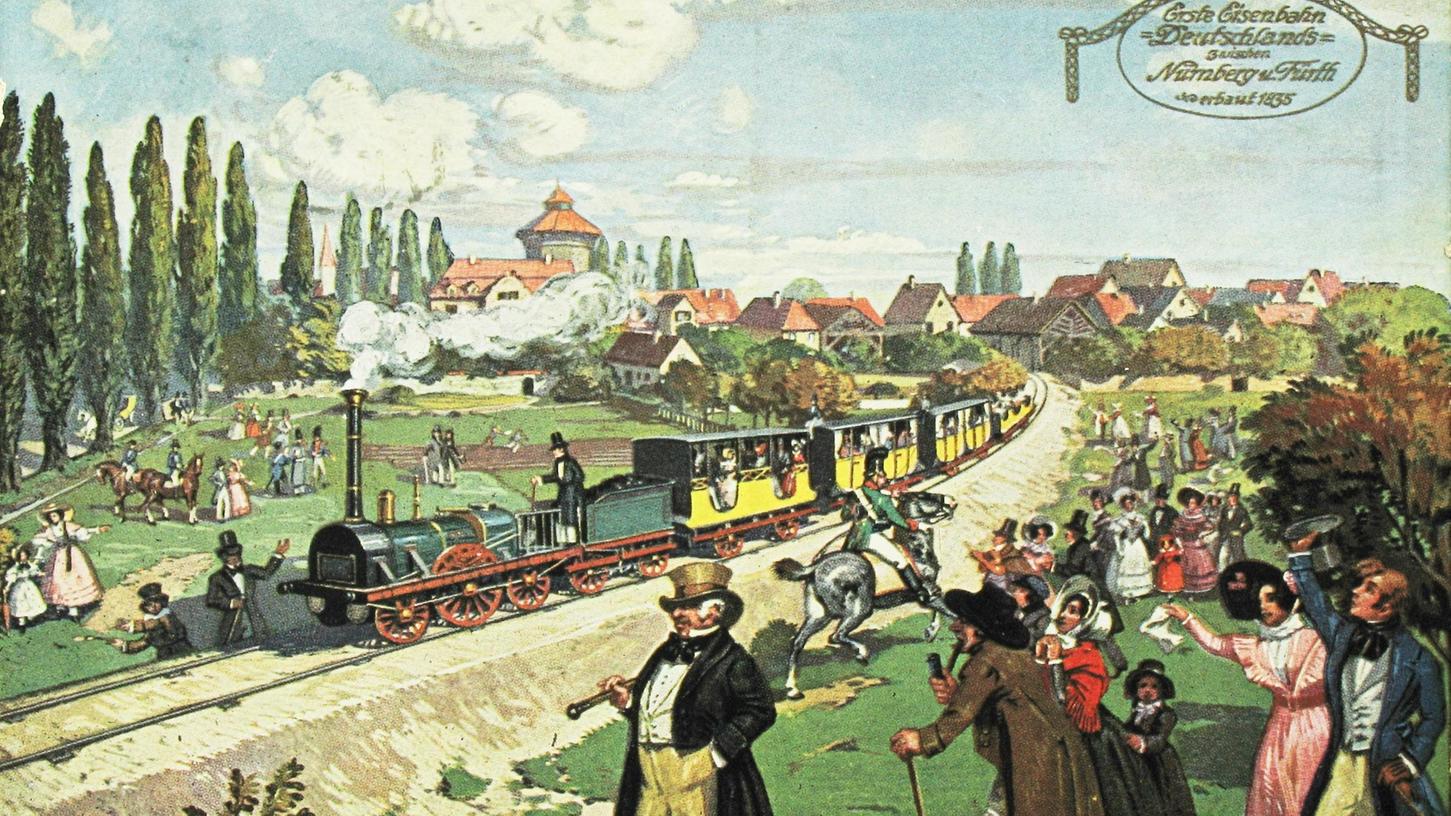 Zum 70. Jubiläum entstand dieses Gemälde, das die Jungfernfahrt des Adlers 1835 zeigt, die eigentlich im Winter stattfand. Im Hintergrund der Bahnhof am Plärrer.  