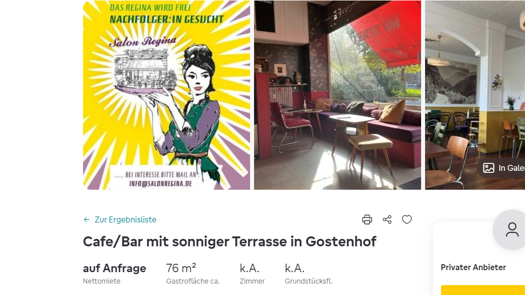 Café/Bar mit sonniger Terrasse in Gostenhof - so steht es in der Anzeige auf Immowelt.de.