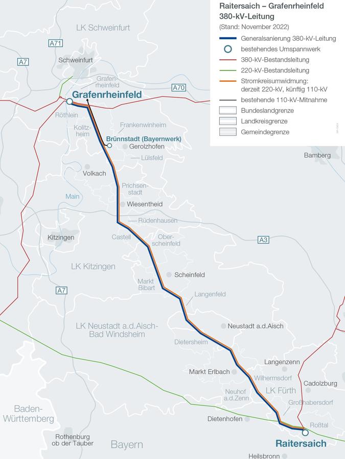 Hier ist dargestellt, wo die Stromtrasse zwischen Raitersaich und Grafenrheinfeld verläuft.
