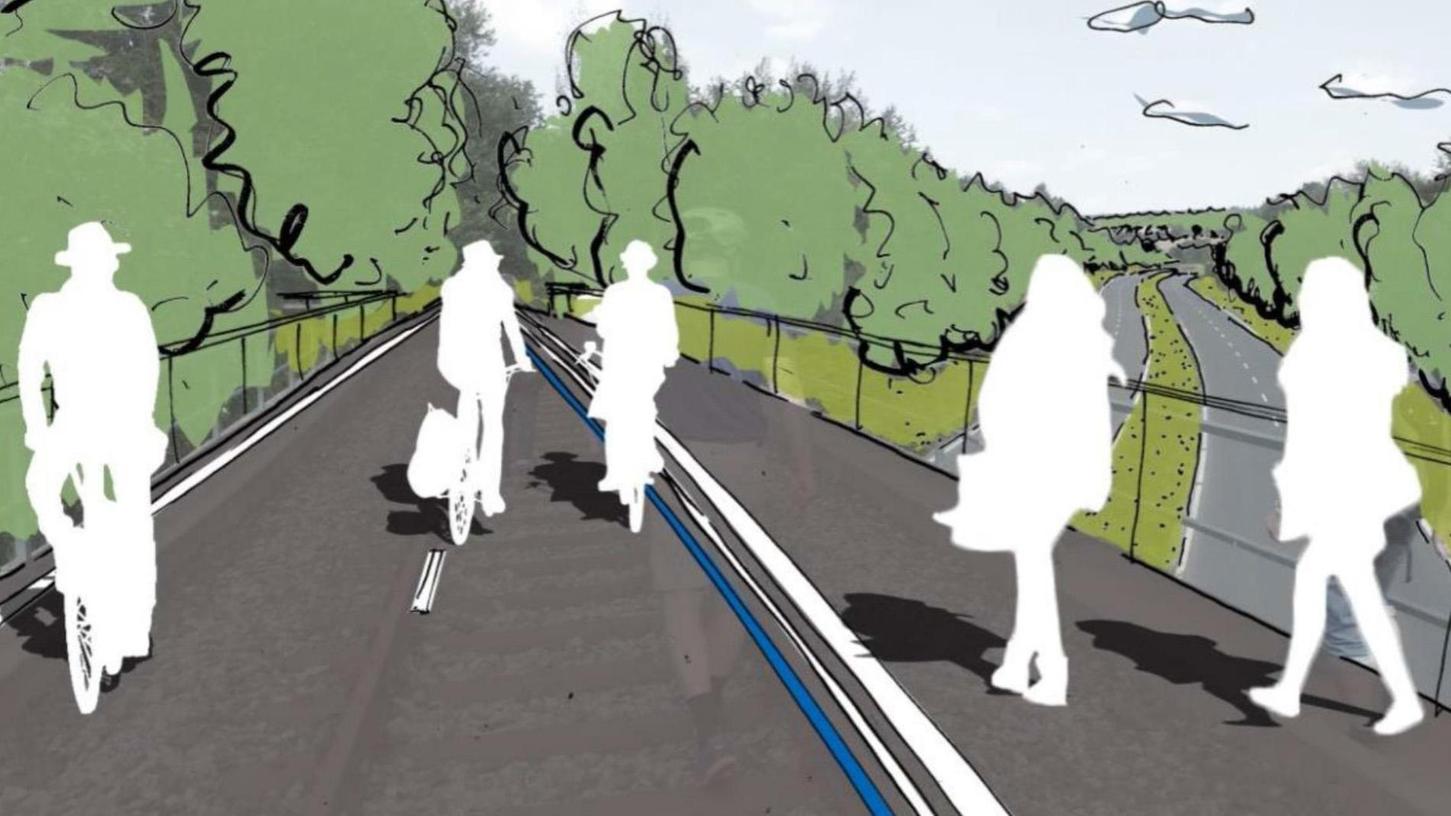 Auf mehreren Abschnitten soll die Trasse des Radschnellwegs um eine Trasse nur für Fußgänger ergänzt werden, wie diese Illustration zeigt.