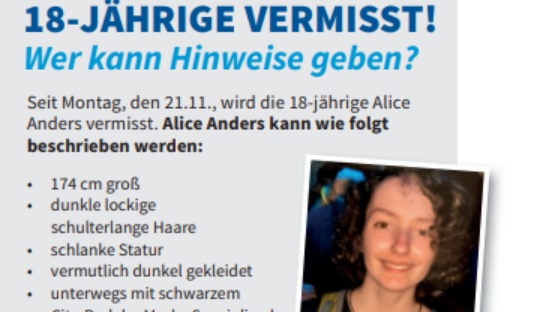 18-jährige Alice aus Würzburg vermisst - Polizei bittet um Hinweise