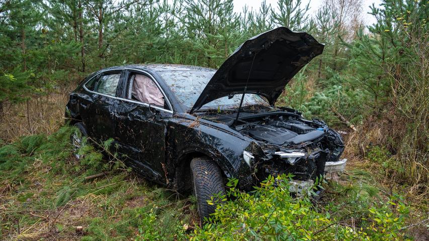 Nach dem Unfall kam der Audi in einem angrenzenden Wald an der A73 zum Stehen. Zuvor hatte der Wagen dort mehrere junge Tannen überfahren. 