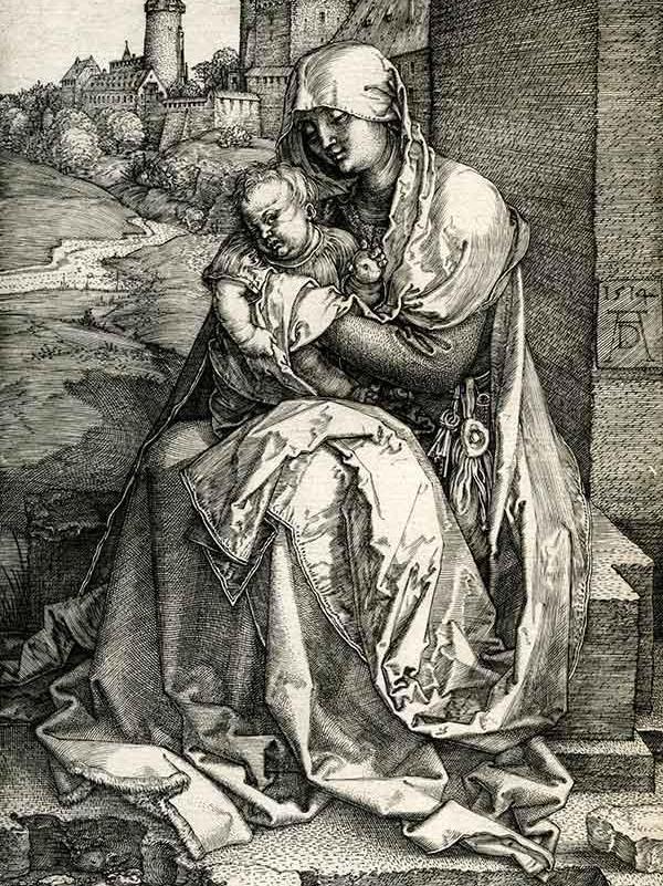 Albrecht Dürer: Maria mit dem Kind an der Mauer, 1514, Kupferstich.