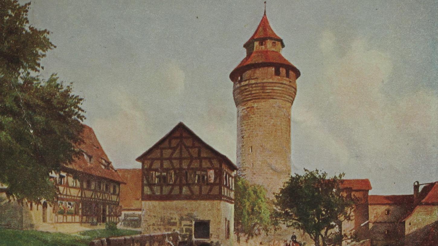 Wie eine romantische Burg auf dem Lande wirkt diese gemalte Ausgabe des Sinwellturms und seiner Umgebung, die ein unbekannter Maler 1904 geschaffen hat.  