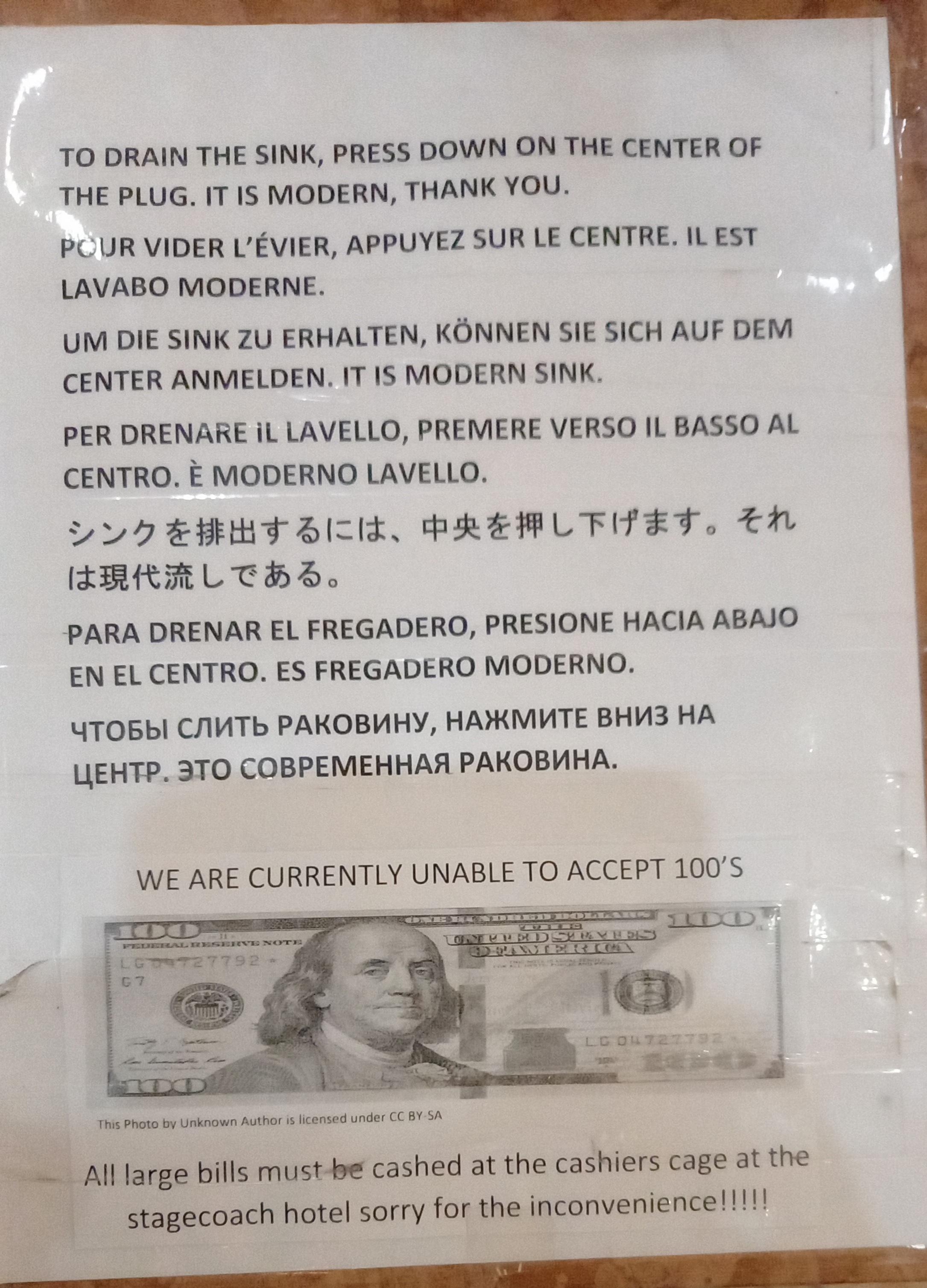 "Dieser Hinweis liegt in einem Motel in Beatty aus. Wir haben dort auf dem Weg ins Death Valley übernachtet", schreibt uns unser Leser Andreas Mittmann aus Nürnberg. Alle Bilder der letzten Jahre unserer lustigen Deutschübersetzungen finden Sie hier.