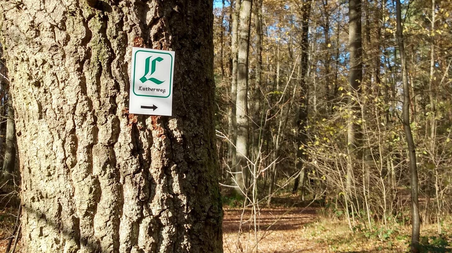 Das grüne „L“ weist Wanderern und Pilgern den Weg auf dem Lutherweg, der von Schwabach aus in zwei Varianten durch den Landkreis Roth begangen werden kann.  