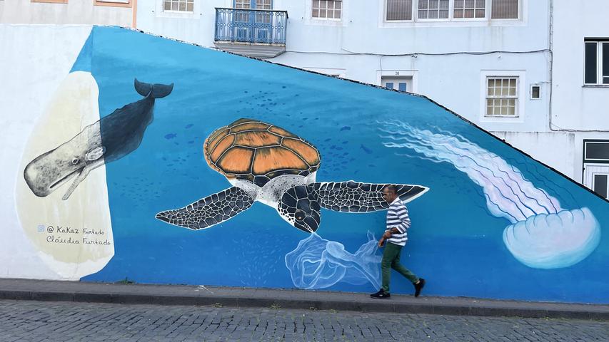 Die Streetart in Faials Hauptstart Horta, dreht sich ganz um das Thema Verschmutzung des Ozeans.