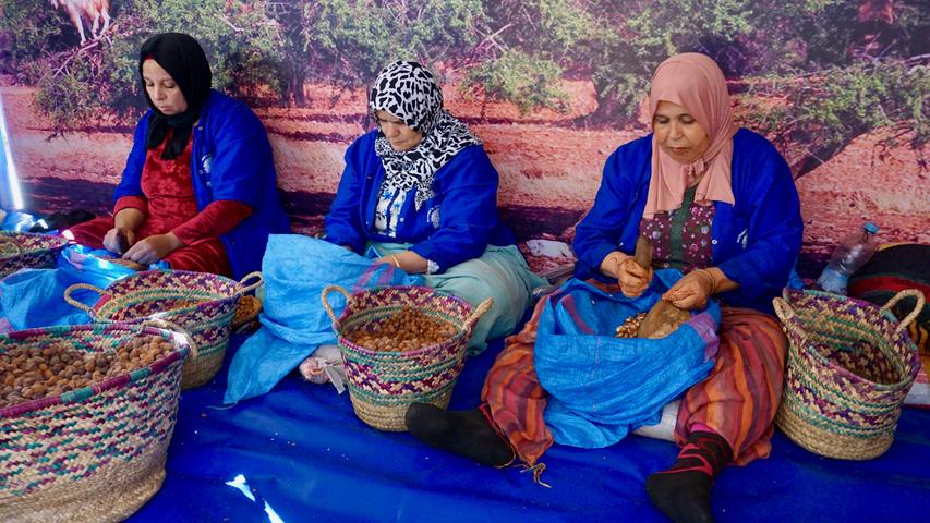 Auf dem Weg von Marrakesch nach Essaouira können Touristen auch bei der Frauenkooperative "Arganomade" halt machen. Dort kann man begutachten, wie diese das Arganöl aus den harten Früchten gewinnen.