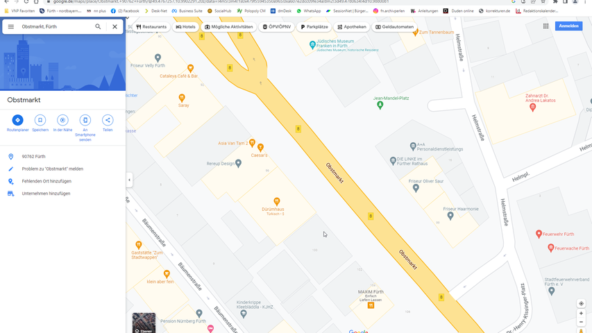 Ausradiert auf Google Maps: Die Fürther Königstraße fehlt - und wird zum Obstmarkt
