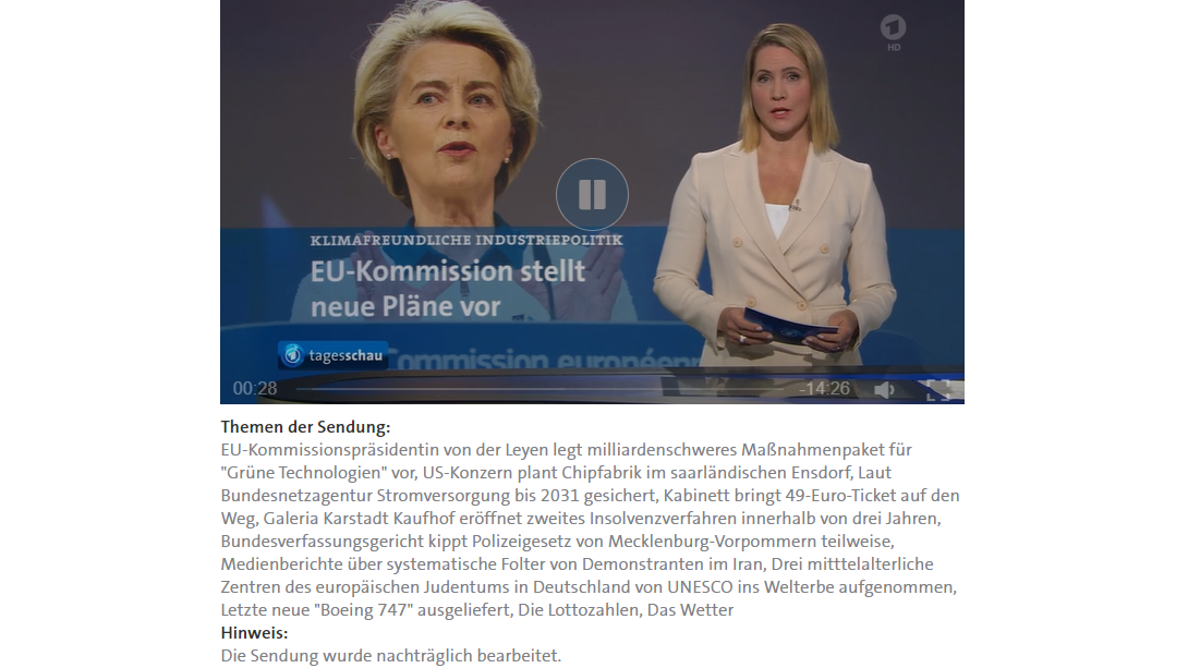 Auf tagesschau.de ist eine korrigierte Version der 20-Uhr-Ausgabe zu sehen. Die ARD weist unter dem Video darauf hin: "Die Sendung wurde nachträglich bearbeitet."