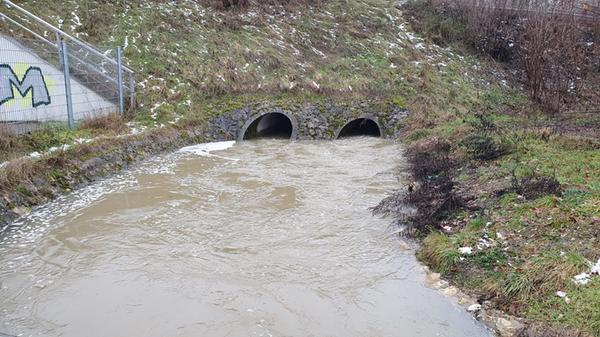 Hochwasser auch im Woffenbach nahe des Volksfestplatzes in Neumarkt.